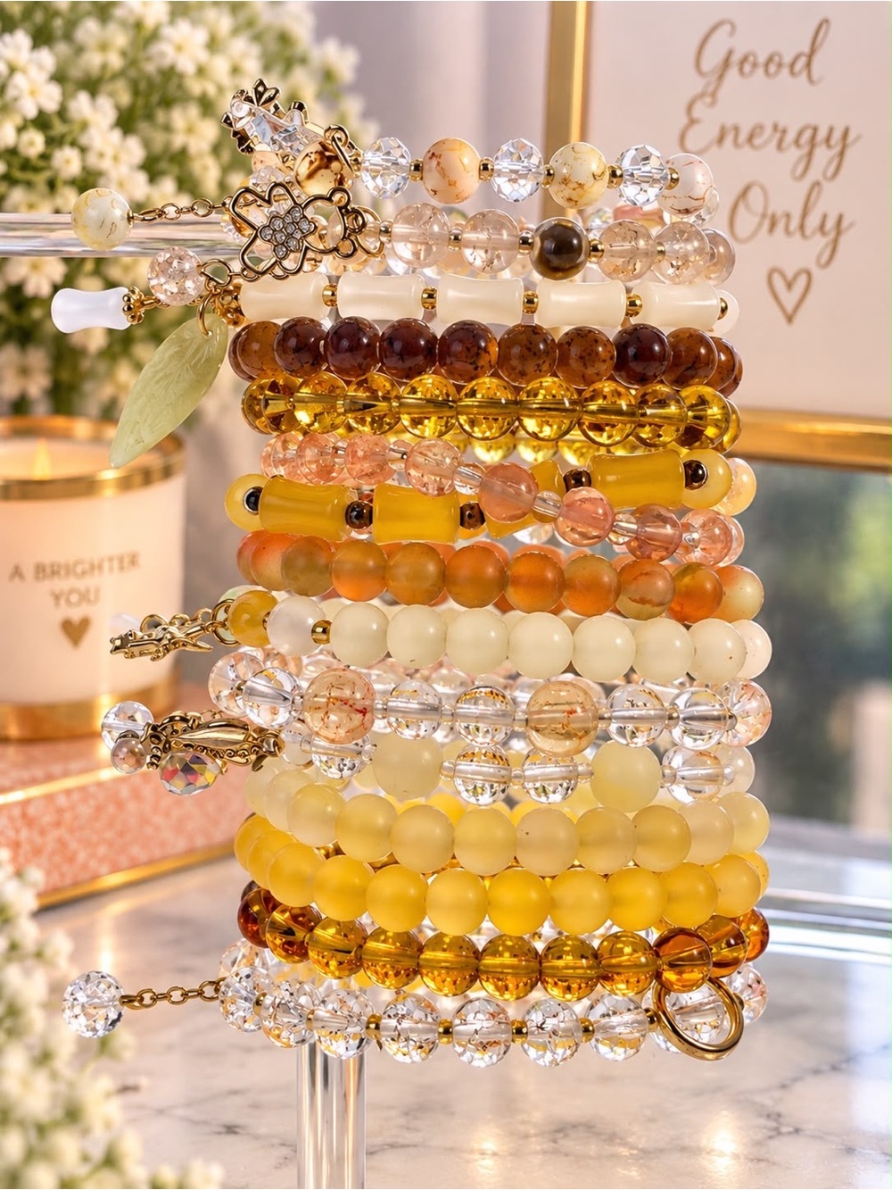 Sunshine Layered Beaded Bracelet Stack - Yellow & Cream with Gold Accents